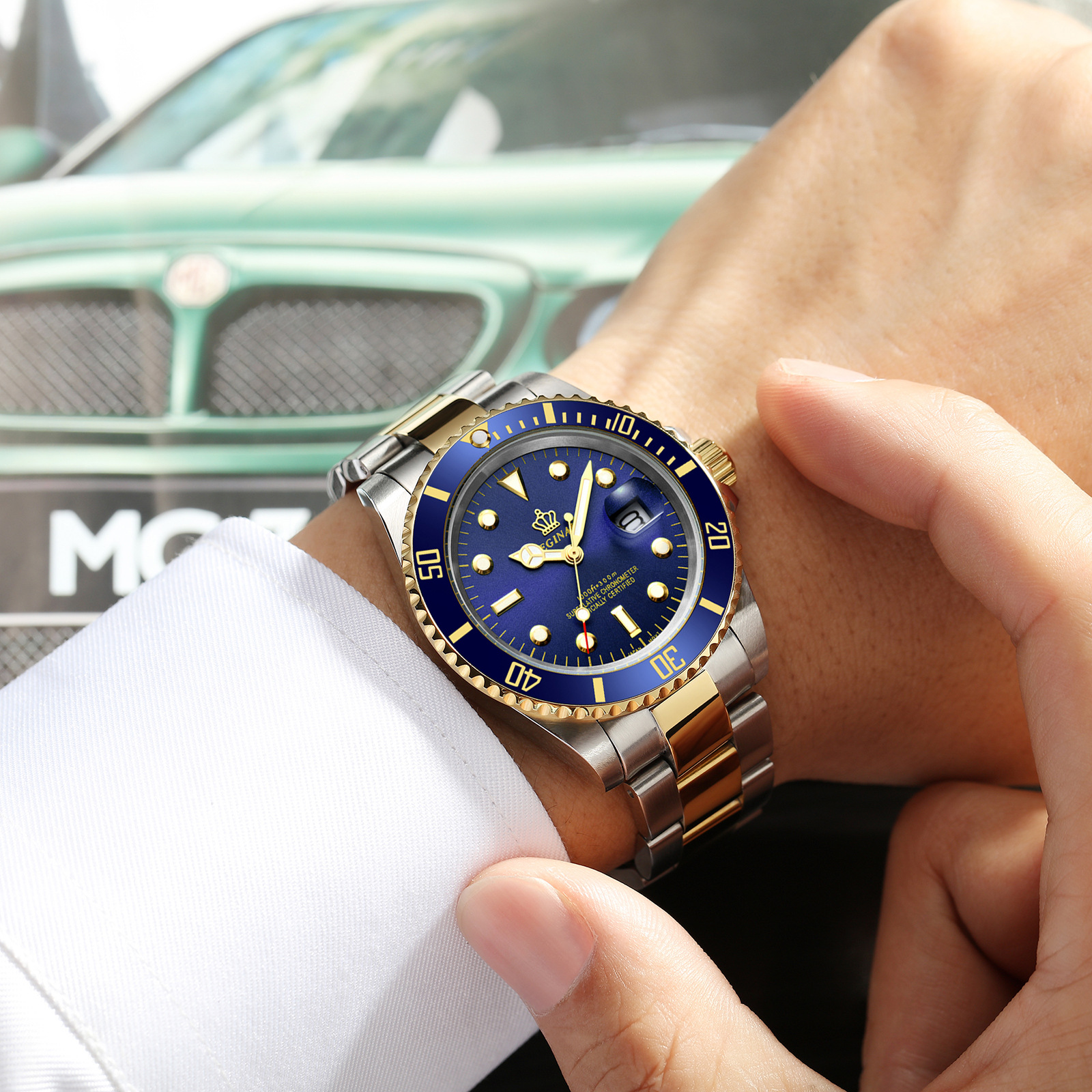Men’s watch blue water ghost calendar watch high-end simple cross-border waterproof stainless steel rotating bezel student sports watch zybercart.com