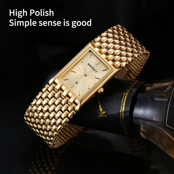 Bernie brand hot selling ultra-thin gold quartz watch rectangular men's watch stainless steel band waterproof women's watch