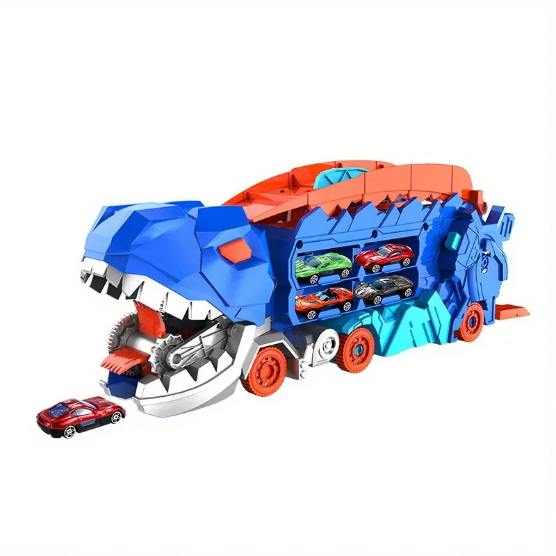 Transport Dinosaur Truck with Foldable Sliding Race Track Transforms into Standing T-rex Best Birthday Gifts Toys Boys Girls Kid zybercart.com