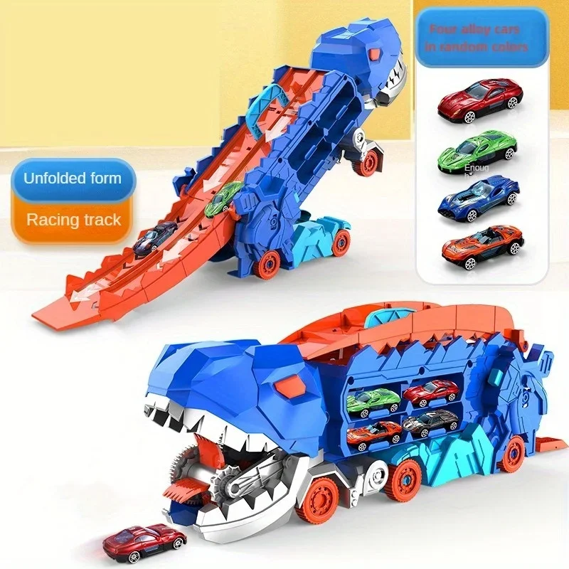 Transport Dinosaur Truck with Foldable Sliding Race Track Transforms into Standing T-rex Best Birthday Gifts Toys Boys Girls Kid zybercart.com