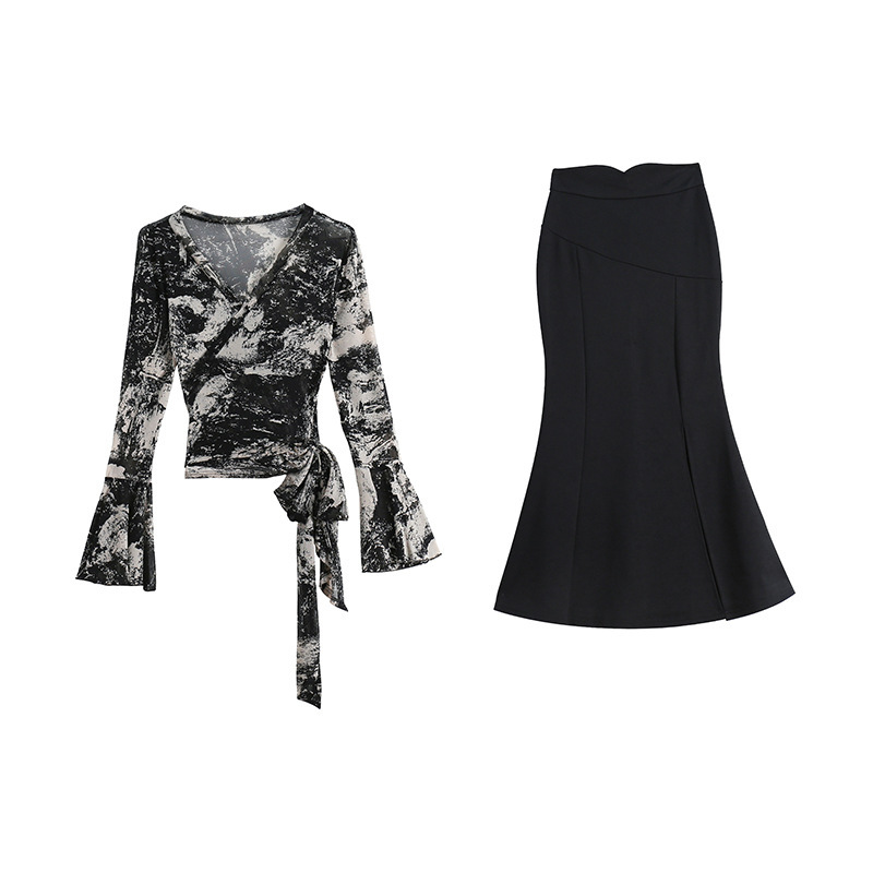 Bell Sleeve Slimming Shirt High Waist Fishtail Skirt Two-piece Set For Women zybercart.com Women's Fashion