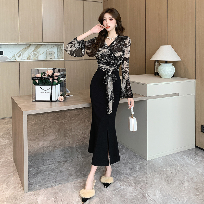 Bell Sleeve Slimming Shirt High Waist Fishtail Skirt Two-piece Set For Women zybercart.com Women's Fashion