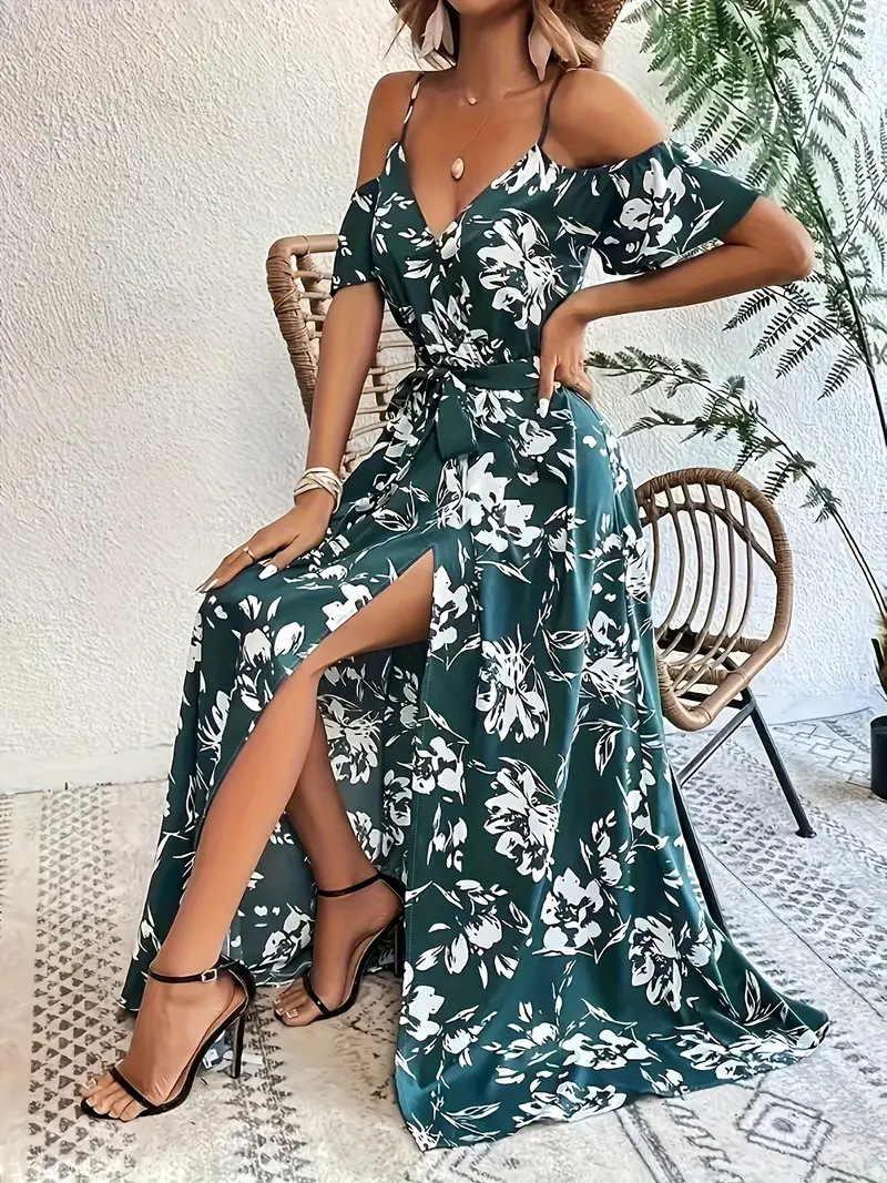 Ins Off-Shoulder Split Dress Summer Floral Print Suspender Long Dresses With Belt Design Women’s Beach Clothing zybercart.com Women's Fashion