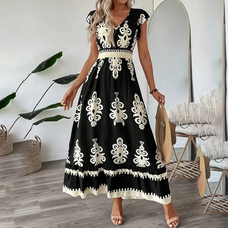 Women’s Summer Flowy Maxi Dress Casual Cap Sleeve V Neck Smocked Waist Beach Sundress zybercart.com Fashion