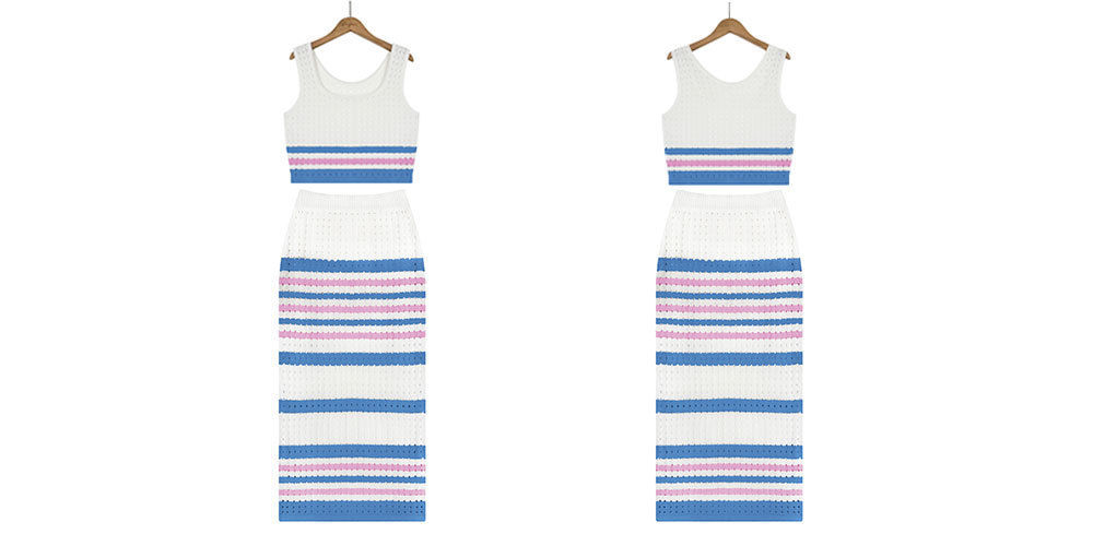 Square neckline striped hollow out set short tank top split long skirt for women zybercart.com Women's Fashion