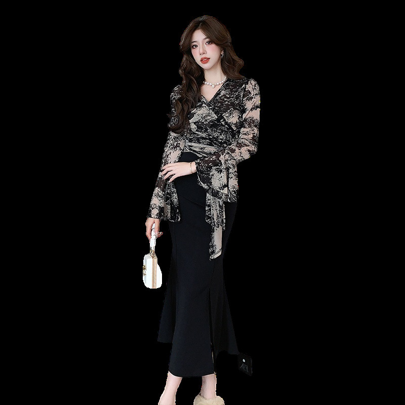 Bell Sleeve Slimming Shirt High Waist Fishtail Skirt Two-piece Set For Women zybercart.com Women's Fashion