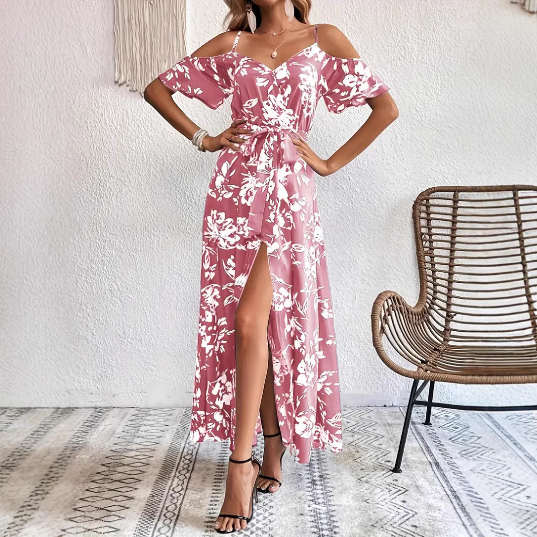 Ins Off-Shoulder Split Dress Summer Floral Print Suspender Long Dresses With Belt Design Women’s Beach Clothing zybercart.com Women's Fashion