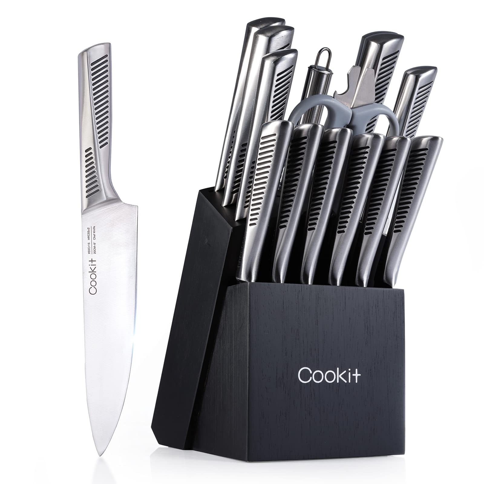 Kitchen Knife Set, 15 Piece Knife Sets with Block, Chef Knives with Non-Slip German Stainless Steel Hollow Handle Cutlery Set with Multifunctional Scissors Knife Sharpener  Amazon Platform Banned zybercart.com Extras