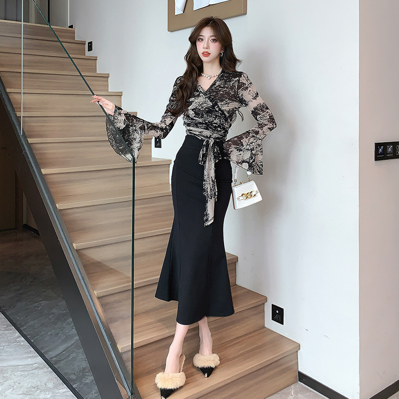 Bell Sleeve Slimming Shirt High Waist Fishtail Skirt Two-piece Set For Women zybercart.com Women's Fashion