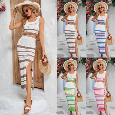Square neckline striped hollow out set short tank top split long skirt for women