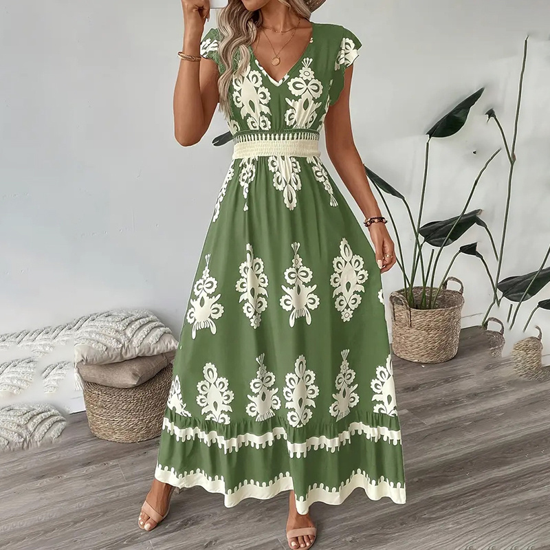 Women’s Summer Flowy Maxi Dress Casual Cap Sleeve V Neck Smocked Waist Beach Sundress zybercart.com Fashion