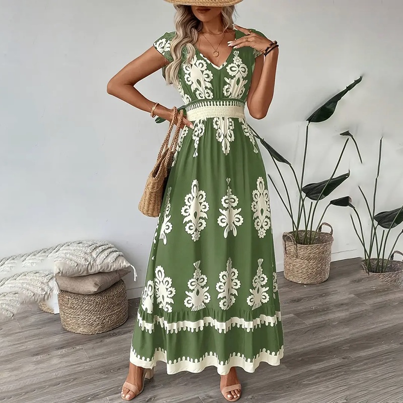 Women’s Summer Flowy Maxi Dress Casual Cap Sleeve V Neck Smocked Waist Beach Sundress zybercart.com Fashion