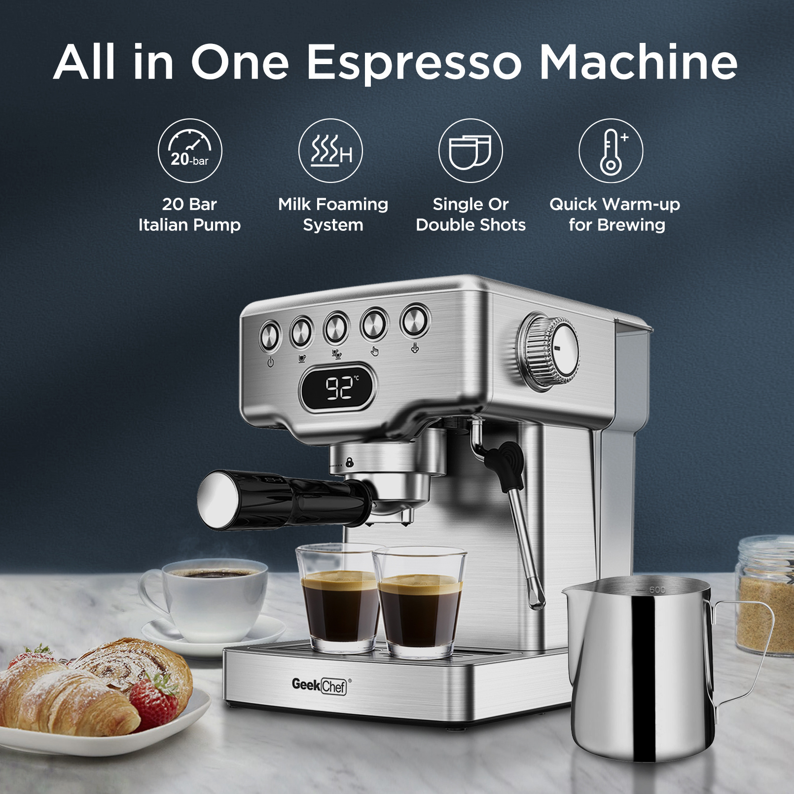 Geek Chef Espresso Machine, 20 Bar Espresso Machine With Milk Frother For Latte, Cappuccino, Macchiato, For Home Espresso Maker, 1.8L Water Tank, Stainless Steel, Ban On Amazon zybercart.com Devices