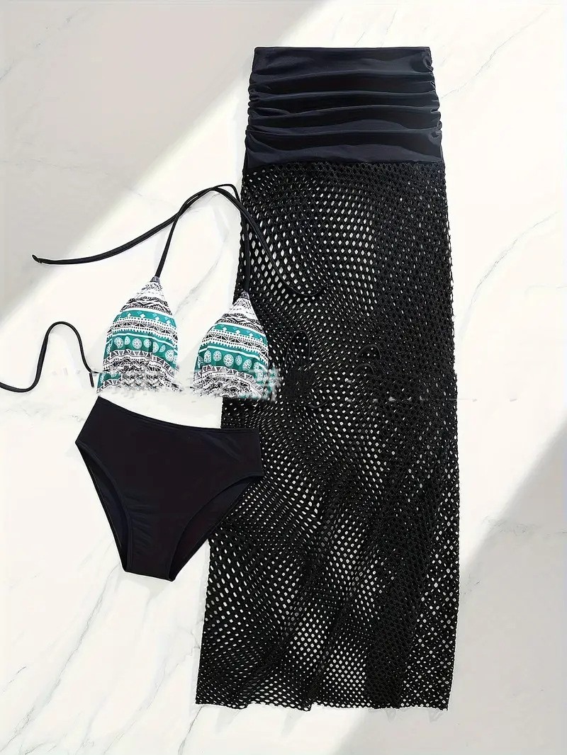 European And American Sexy Bikini Fishnet Long Skirt Three-piece Set For Women zybercart.com Women's Fashion