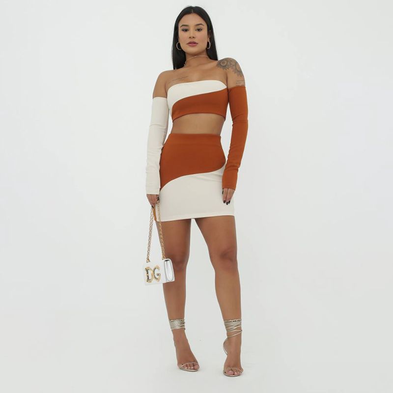 Off-shoulder Contrast-color Sheath Skirt Set Women zybercart.com Women's Fashion