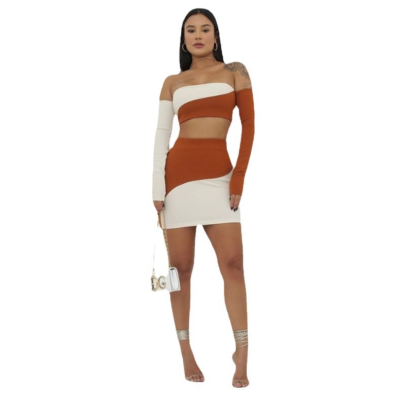 Off-shoulder Contrast-color Sheath Skirt Set Women zybercart.com Women's Fashion