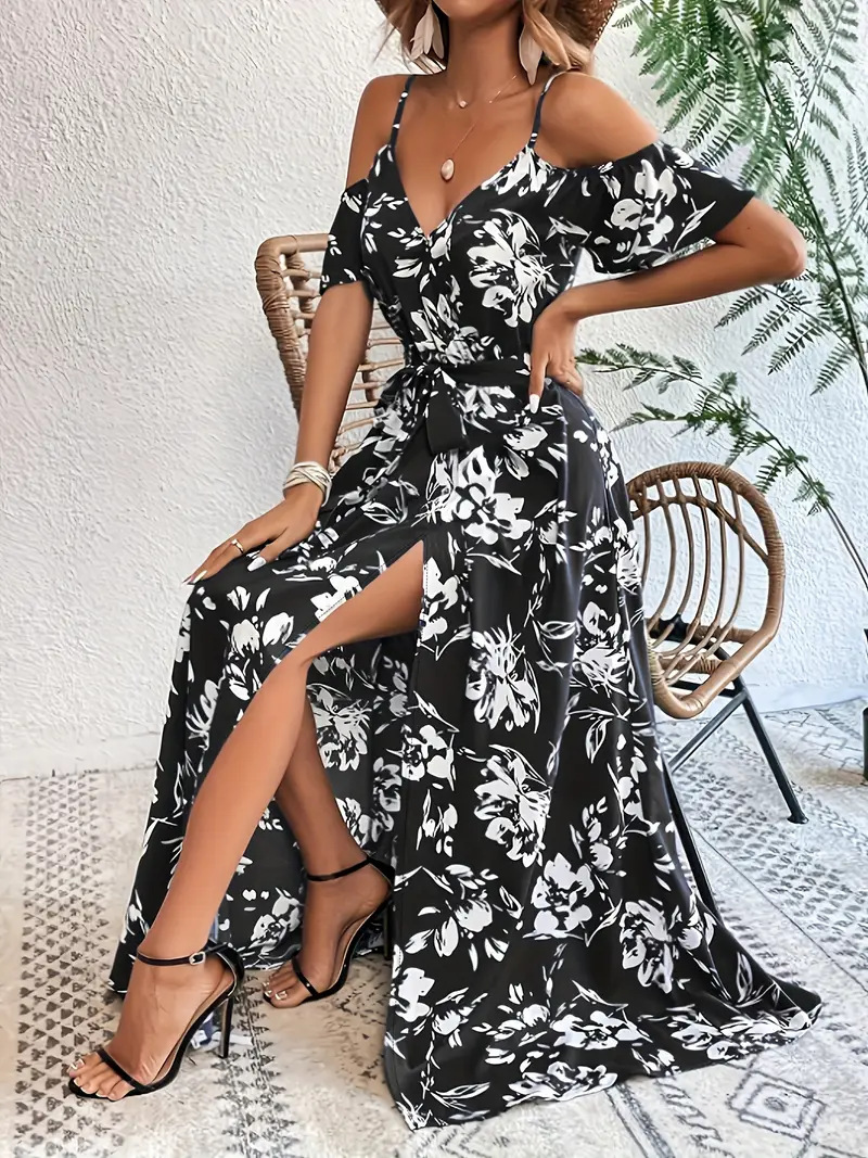 Ins Off-Shoulder Split Dress Summer Floral Print Suspender Long Dresses With Belt Design Women’s Beach Clothing zybercart.com Women's Fashion