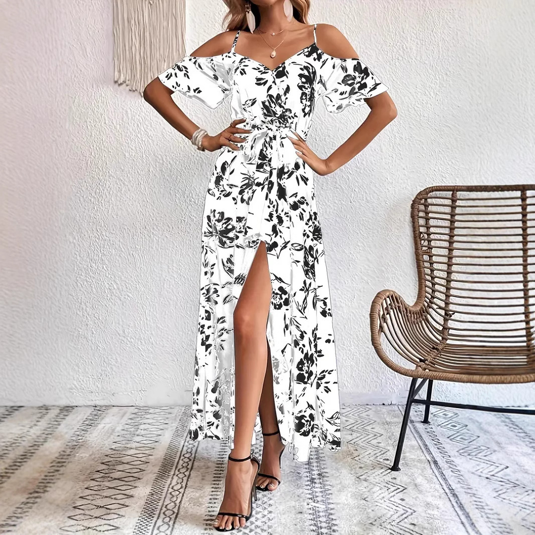 Ins Off-Shoulder Split Dress Summer Floral Print Suspender Long Dresses With Belt Design Women’s Beach Clothing zybercart.com Women's Fashion