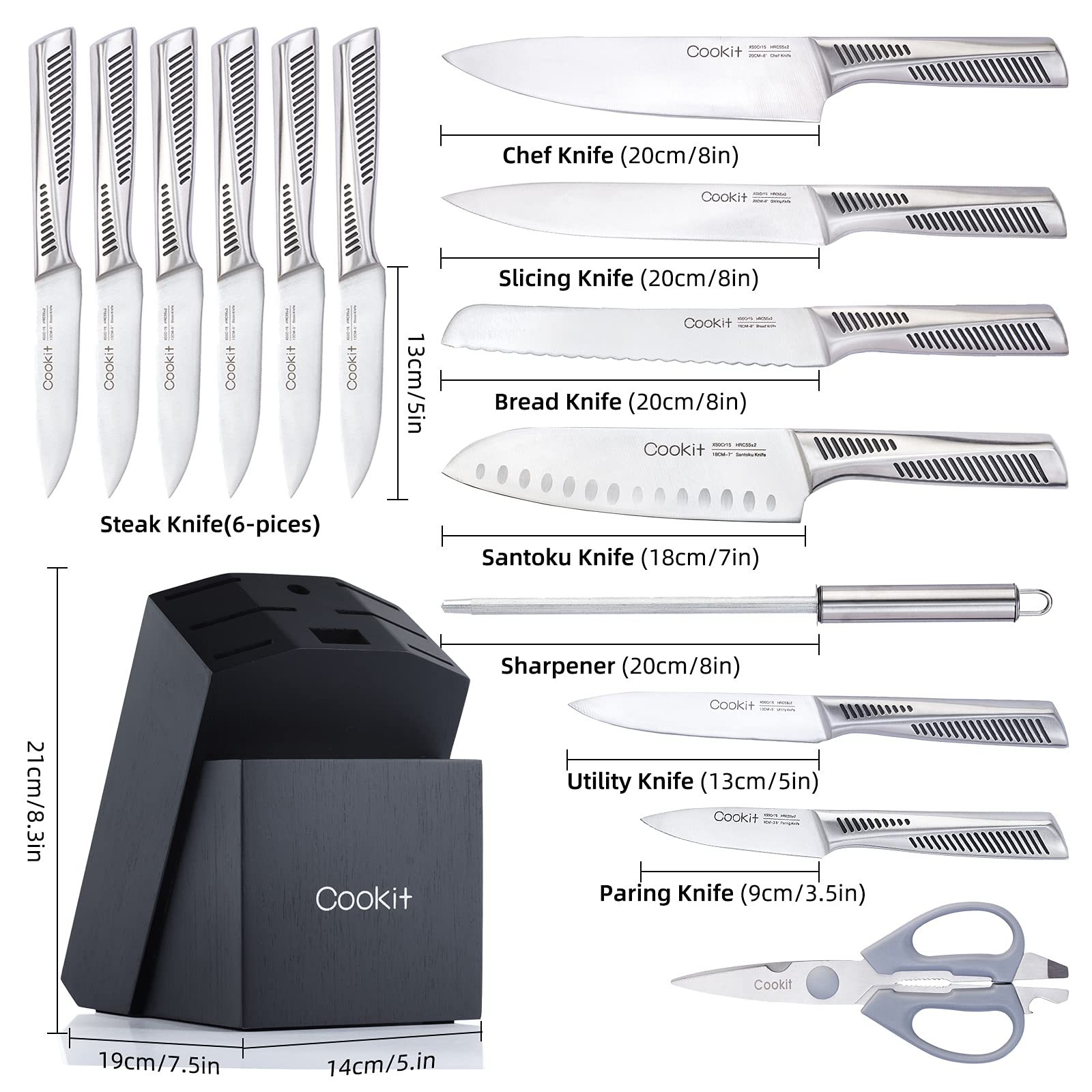Kitchen Knife Set, 15 Piece Knife Sets with Block, Chef Knives with Non-Slip German Stainless Steel Hollow Handle Cutlery Set with Multifunctional Scissors Knife Sharpener  Amazon Platform Banned zybercart.com Extras