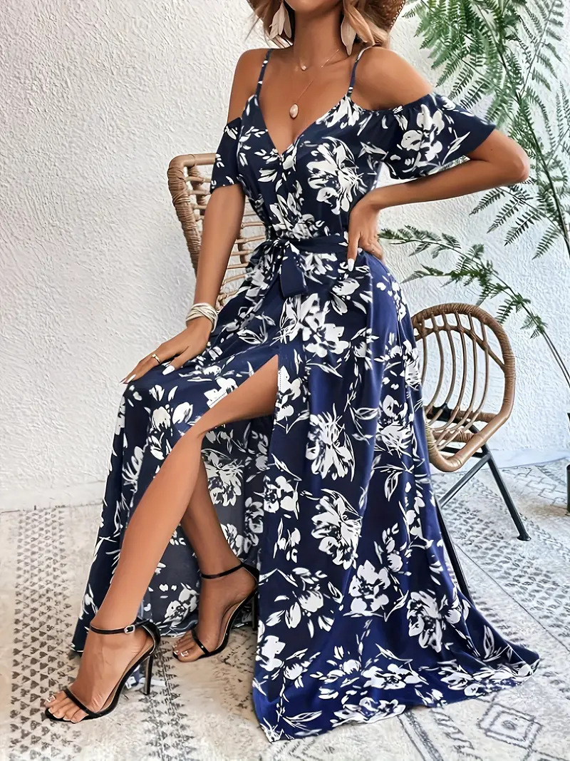 Ins Off-Shoulder Split Dress Summer Floral Print Suspender Long Dresses With Belt Design Women’s Beach Clothing zybercart.com Women's Fashion