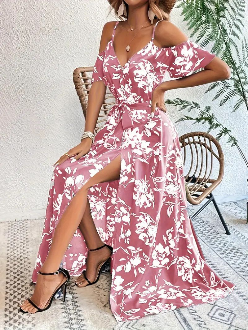 Ins Off-Shoulder Split Dress Summer Floral Print Suspender Long Dresses With Belt Design Women’s Beach Clothing zybercart.com Women's Fashion