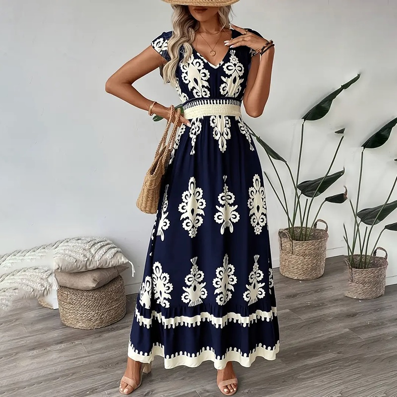 Women’s Summer Flowy Maxi Dress Casual Cap Sleeve V Neck Smocked Waist Beach Sundress zybercart.com Fashion