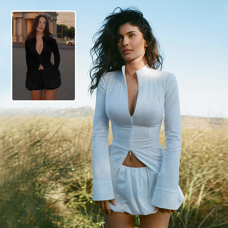 Slim Suits V-neck ZIpper Long-sleeved Top And Mini Skirt Ins Fashion Two-piece Set Women Clothing zybercart.com Women's Fashion