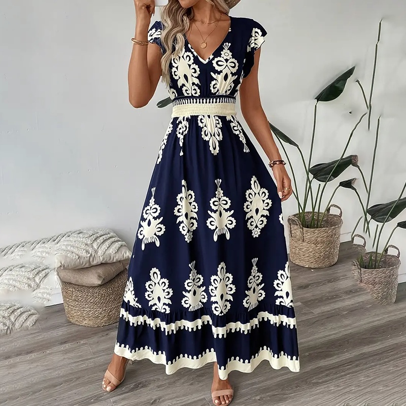 Women’s Summer Flowy Maxi Dress Casual Cap Sleeve V Neck Smocked Waist Beach Sundress zybercart.com Fashion