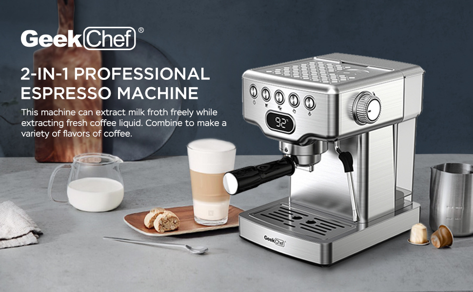 Geek Chef Espresso Machine, 20 Bar Espresso Machine With Milk Frother For Latte, Cappuccino, Macchiato, For Home Espresso Maker, 1.8L Water Tank, Stainless Steel, Ban On Amazon zybercart.com Devices
