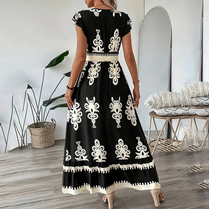 Women’s Summer Flowy Maxi Dress Casual Cap Sleeve V Neck Smocked Waist Beach Sundress zybercart.com Fashion