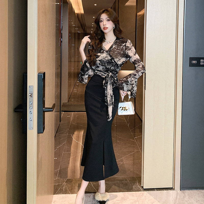 Bell Sleeve Slimming Shirt High Waist Fishtail Skirt Two-piece Set For Women zybercart.com Women's Fashion