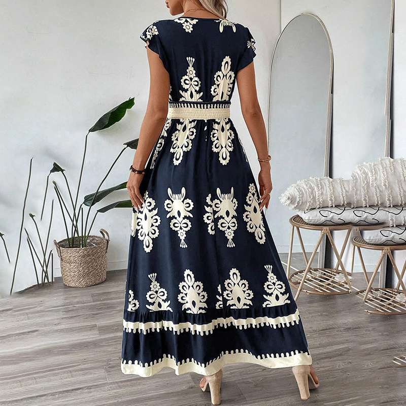 Women’s Summer Flowy Maxi Dress Casual Cap Sleeve V Neck Smocked Waist Beach Sundress zybercart.com Fashion