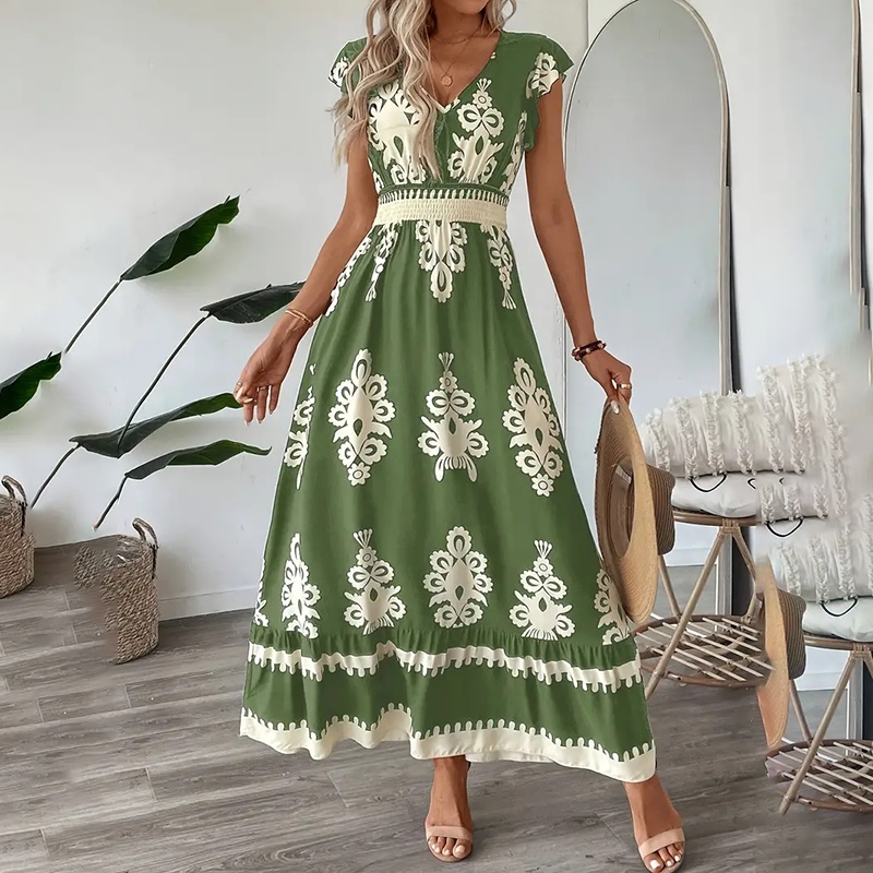 Women’s Summer Flowy Maxi Dress Casual Cap Sleeve V Neck Smocked Waist Beach Sundress zybercart.com Fashion