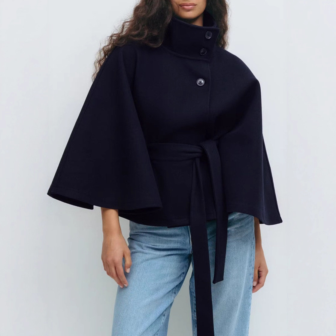 Winter High Neck Batwing Sleeve Coat With Belt Fashion Loose Elegant Button Top Trench Coat For Women Clothing zybercart.com Women's