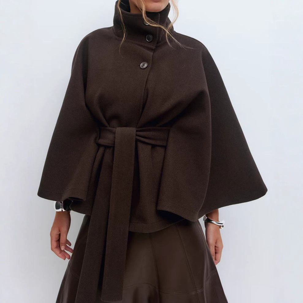 Winter High Neck Batwing Sleeve Coat With Belt Fashion Loose Elegant Button Top Trench Coat For Women Clothing zybercart.com Women's