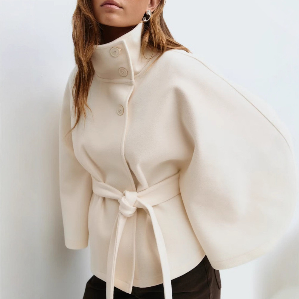 Winter High Neck Batwing Sleeve Coat With Belt Fashion Loose Elegant Button Top Trench Coat For Women Clothing zybercart.com Women's
