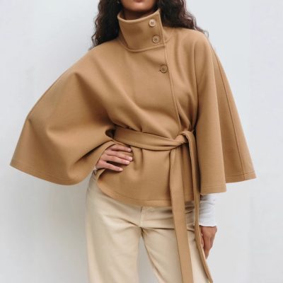 Winter High Neck Batwing Sleeve Coat With Belt Fashion Loose Elegant Button Top Trench Coat For Women Clothing
