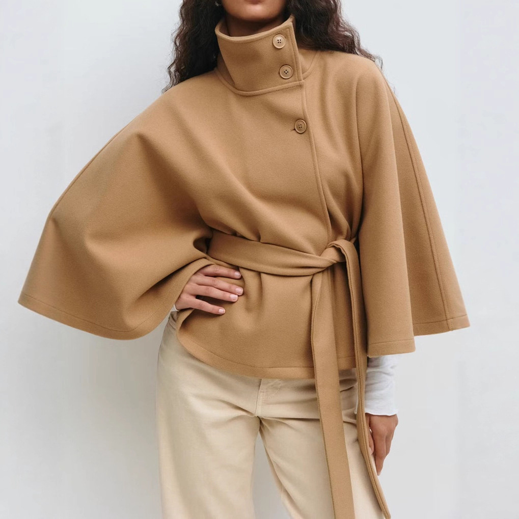 Winter High Neck Batwing Sleeve Coat With Belt Fashion Loose Elegant Button Top Trench Coat For Women Clothing zybercart.com Women's